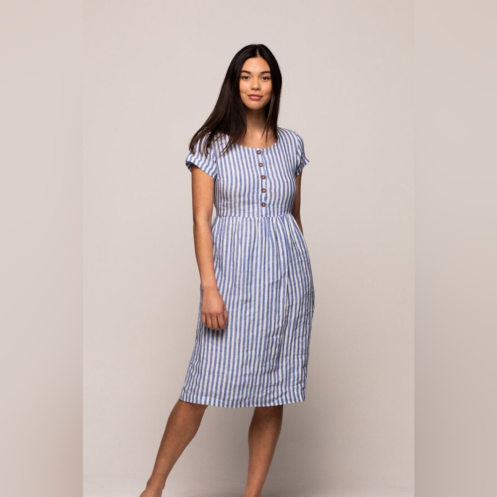 Pyne & Smith Model No.11 Blue stripe Linen, button up, midi length dress